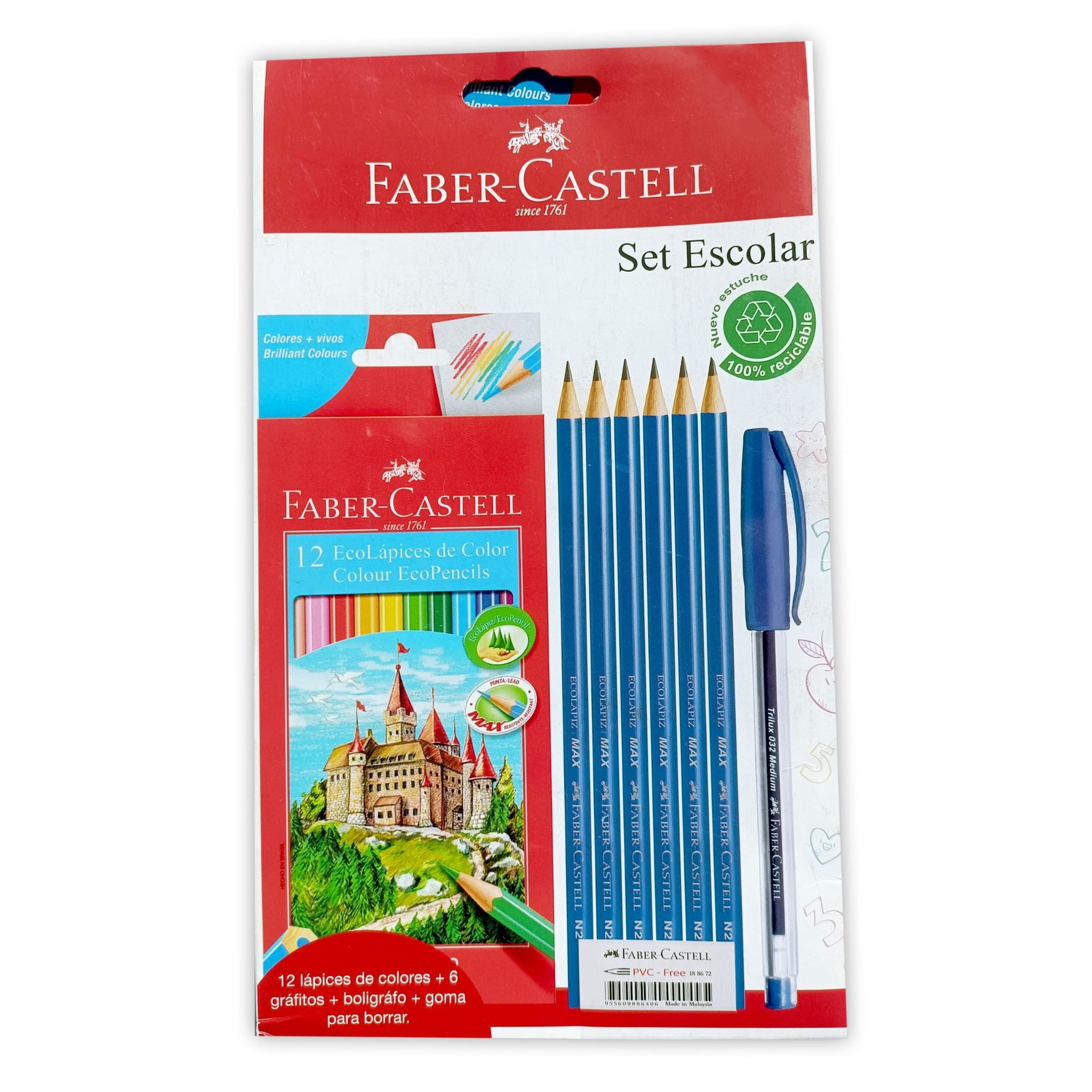 Set Faber-Castell 12 colores+ grafito X6+boligrafo azul+goma