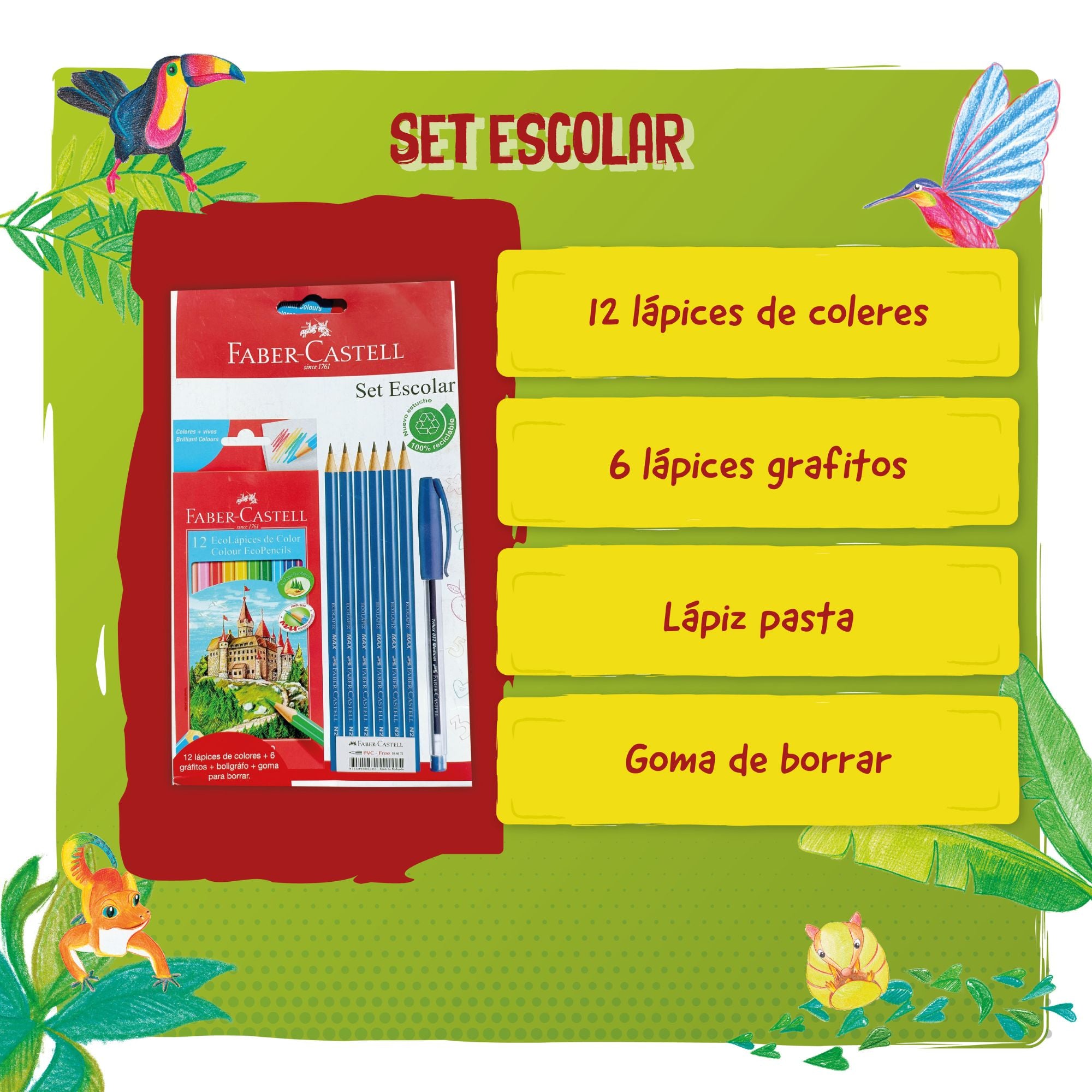 Set Faber-Castell 12 colores+ grafito X6+boligrafo azul+goma