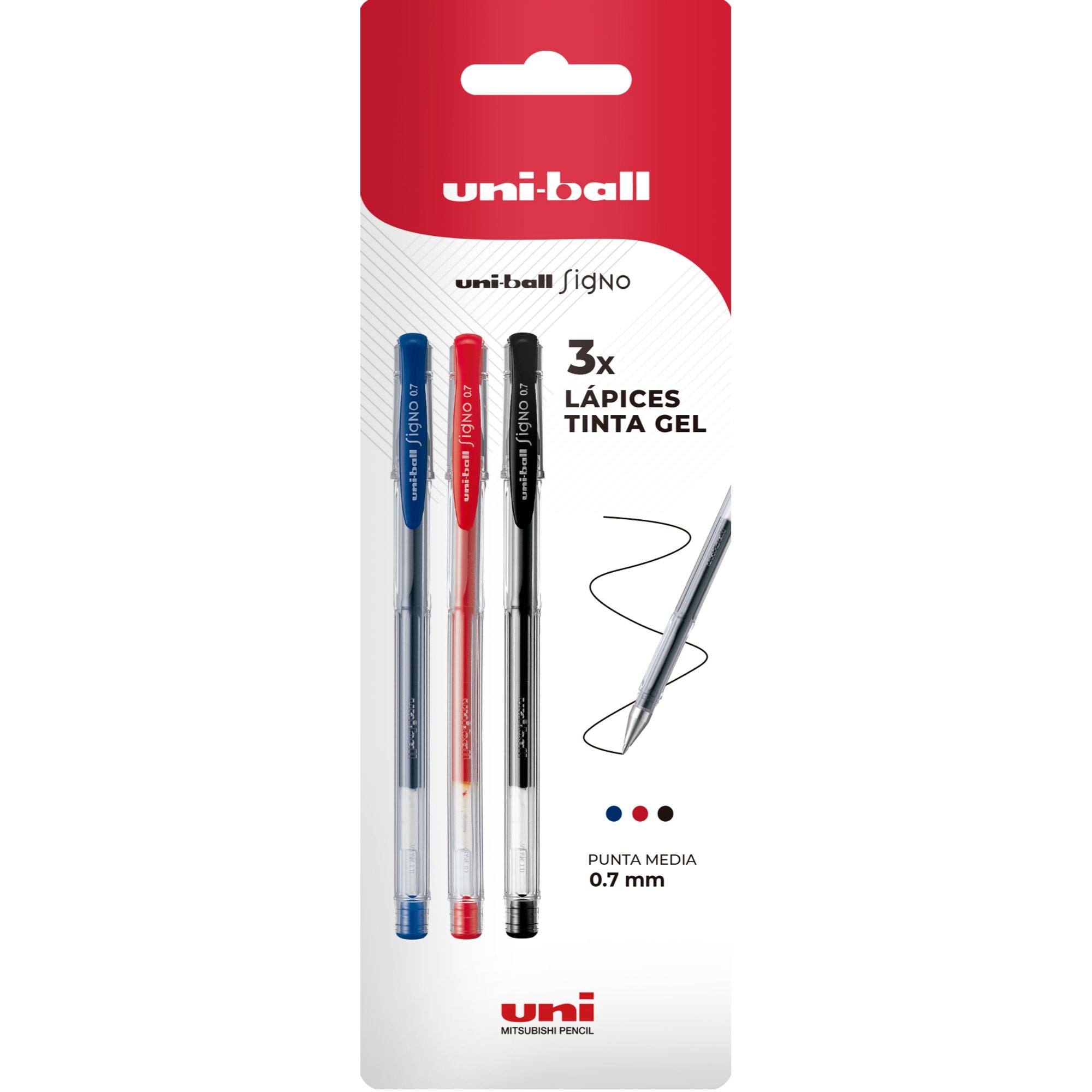 Lápices Gel Uniball Signo-100 0.7mm x3 azul7rojo/negro