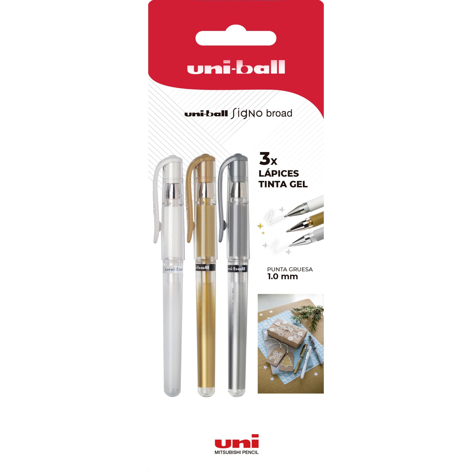 Lápices Gel Uniball Signo broad BC x3 blanco/dorado/plateado