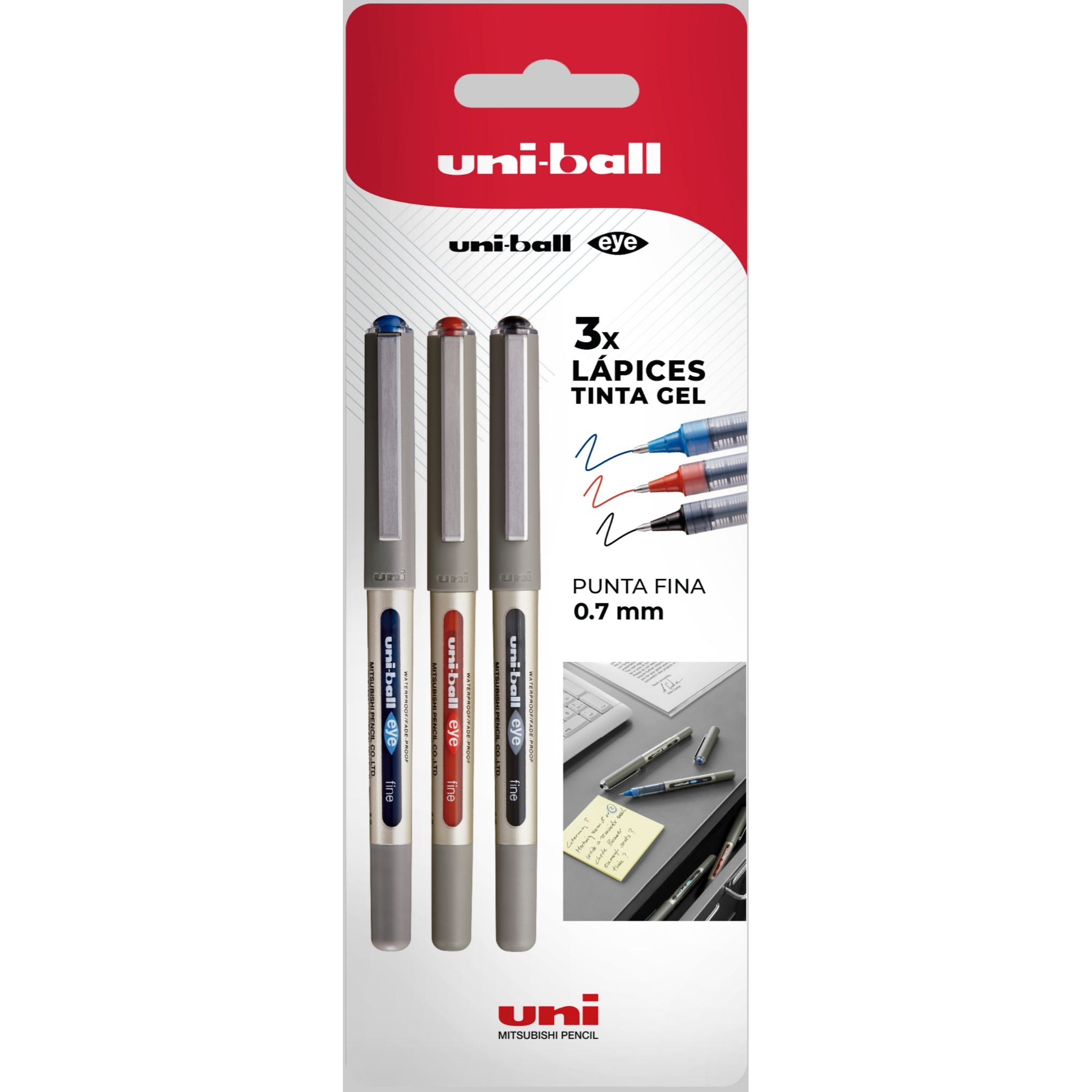 Lápices Gel Uniball Eye BC x3 Colores azul/rojo/negro
